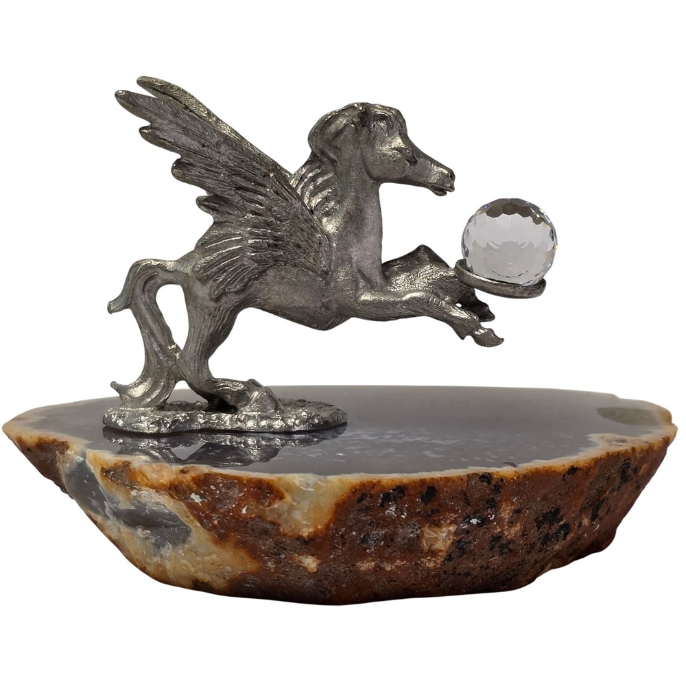 Vintage Spoontiques Pewter Pegasus Figurine Agate Geode Base Crystal Ball 2.25in